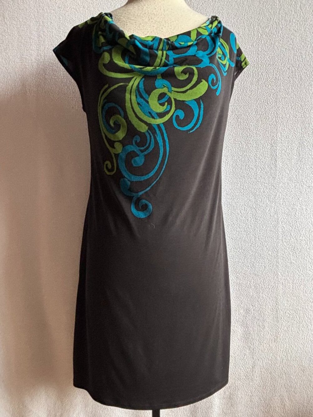 Black Draped Neckline Sheath Dress with Turquoise Swirl Design